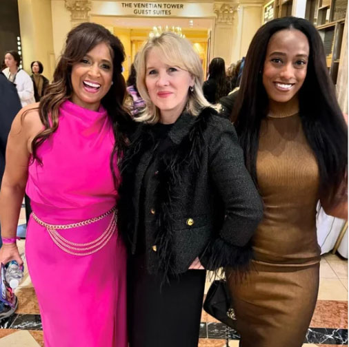 Photo op outside the red carpet at the NFL Wives Association for the 23rd annual Off the Field Fashion Show (OFT) with NFL wife Yvonne McCallum, Neurologics Founder Karen Odell-Barber, and Publicist Jordyn Dean
