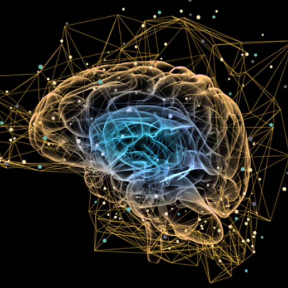 An illustration of a brain against a black background, interconnected by a network of dots representing neural connections.