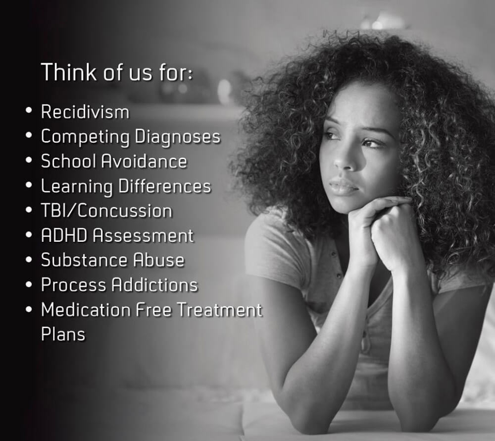 A black-and-white image of a thoughtful woman resting her chin on her hands. The text beside her lists services such as recidivism support, ADHD assessments, and medication-free treatment plans.