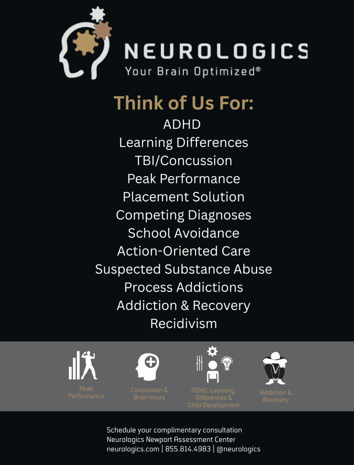 february_newsletter_2026_13 A Neurologics informational graphic outlines services and areas of support, including ADHD, learning differences, concussion care, addiction recovery, and peak performance.