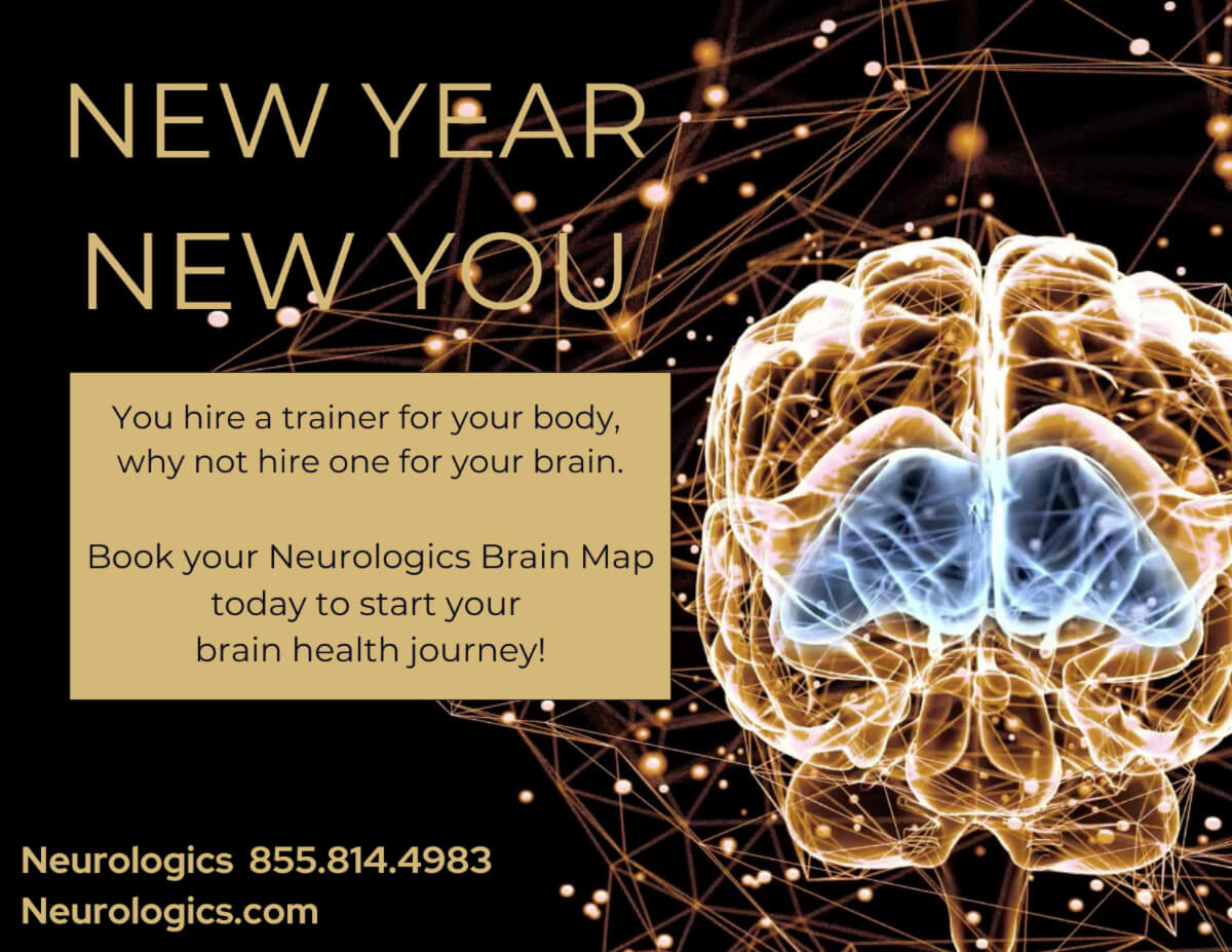 A bold Neurologics promotional graphic featuring the message “New Year New You,” encouraging viewers to book a brain map and begin their brain health journey.