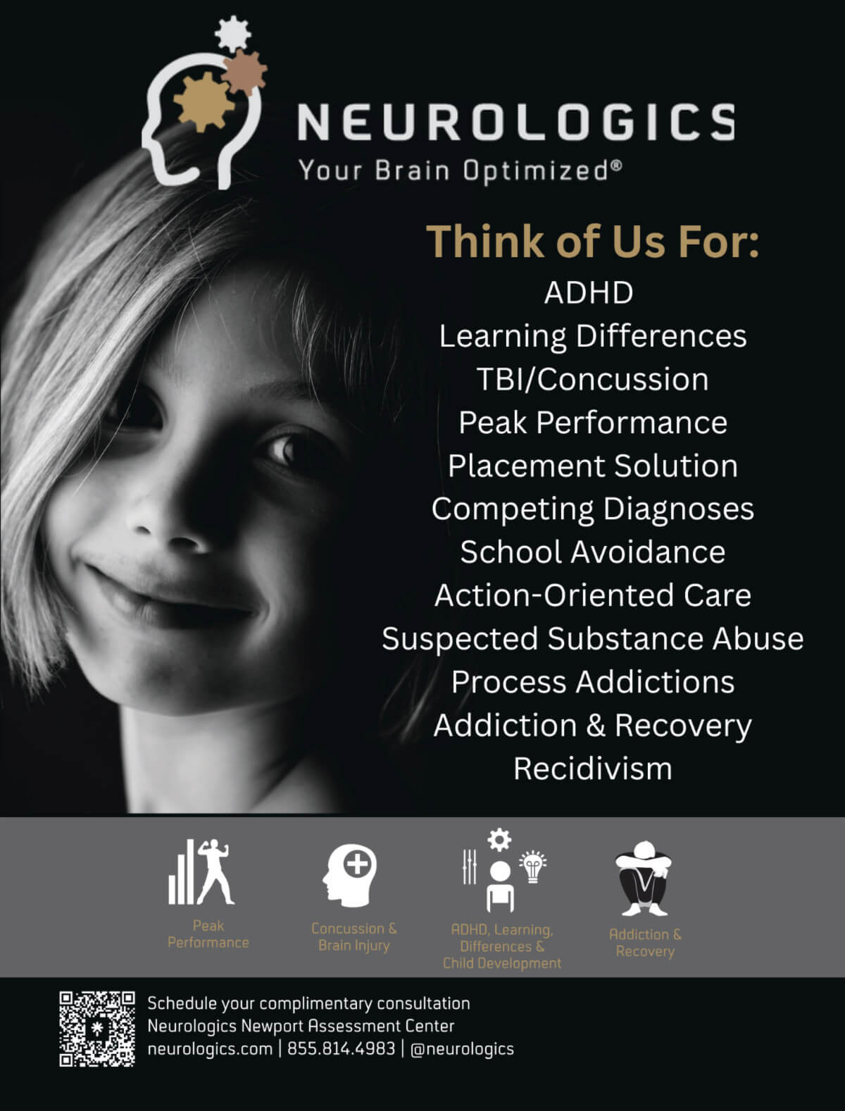 A Neurologics service flyer listing areas of support including ADHD, learning differences, concussion care, addiction recovery, and peak performance.