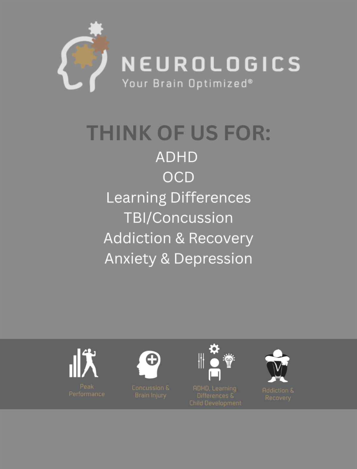 Neurologics 'Your Brain Optimized' branded graphic listing conditions treated — ADHD, OCD, Learning Differences, TBI/Concussion, Addiction & Recovery, and Anxiety & Depression — with four service category icons along the bottom.