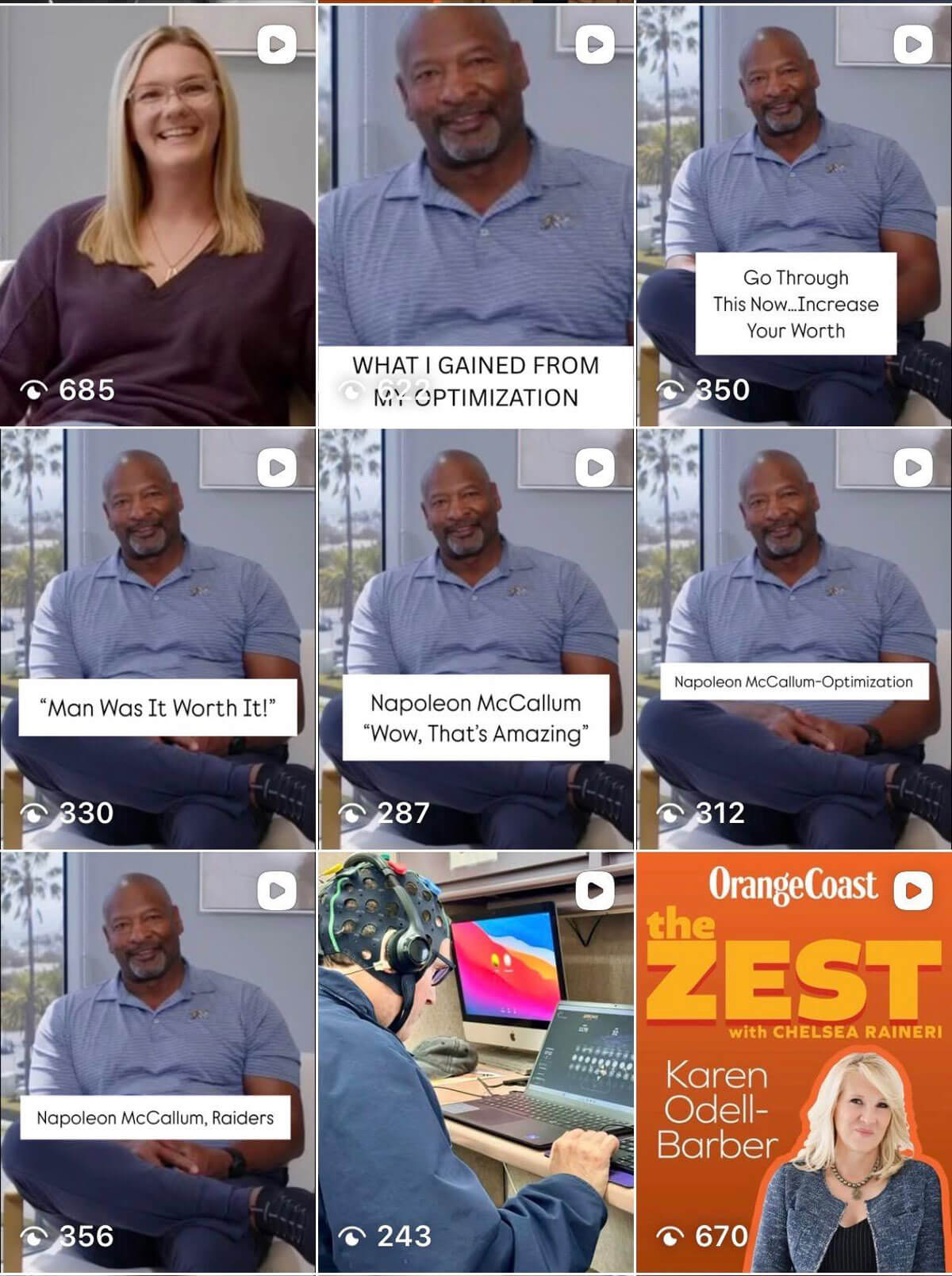 A 3×3 grid of social media video thumbnails featuring patient and staff testimonials, including several clips of former Raiders running back Napoleon McCallum discussing his brain optimization experience, alongside an Orange Coast magazine 'The Zest' podcast cover.