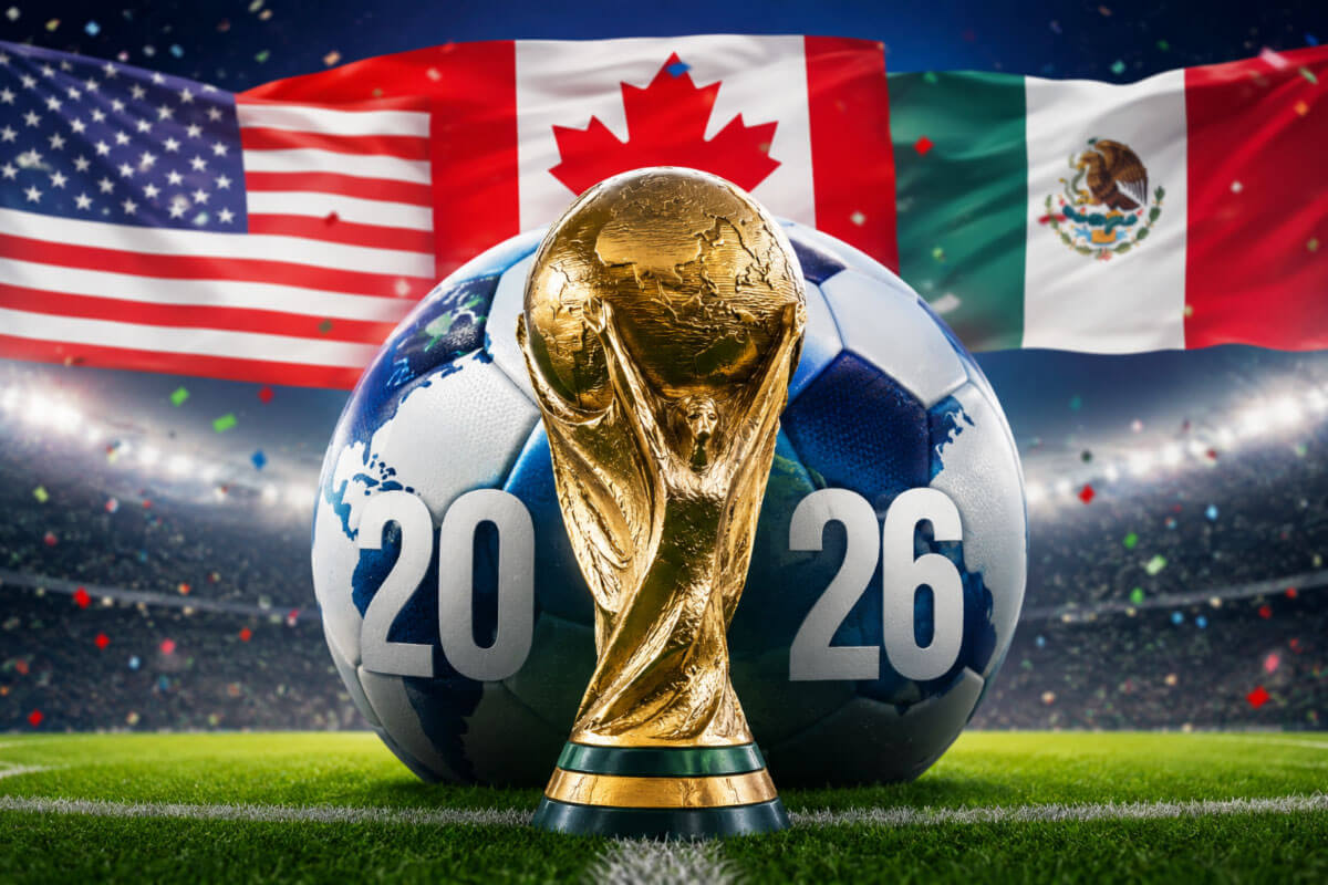 june_newsletter_2026_1 The FIFA World Cup trophy stands in front of a soccer ball marked "2026" with the flags of the USA, Canada, and Mexico displayed in a stadium setting.