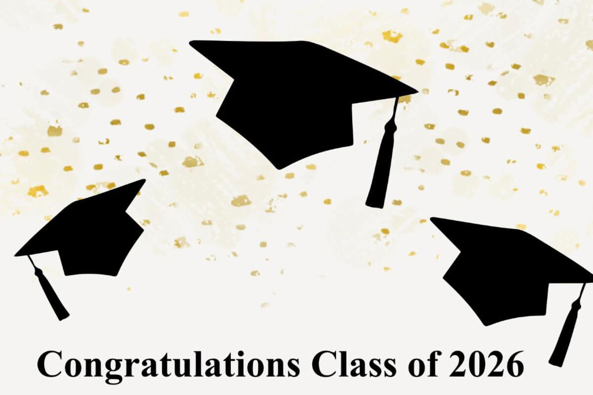 june_newsletter_2026_5 Three black graduation cap silhouettes are tossed in the air against a cream and gold confetti background above the text "Congratulations Class of 2026."
