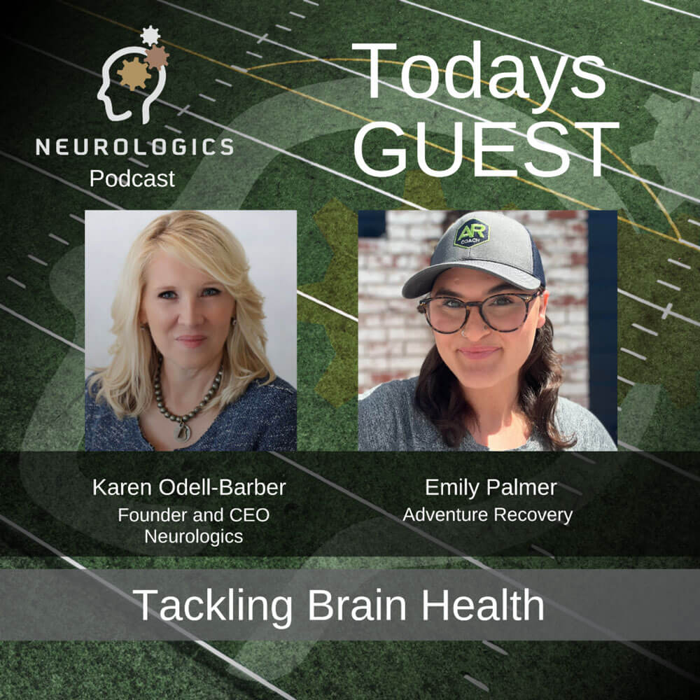 june_newsletter_2026_7 A Neurologics Podcast promotional graphic featuring headshots of host Karen Odell-Barber and guest Emily Palmer of Adventure Recovery, titled "Tackling Brain Health."