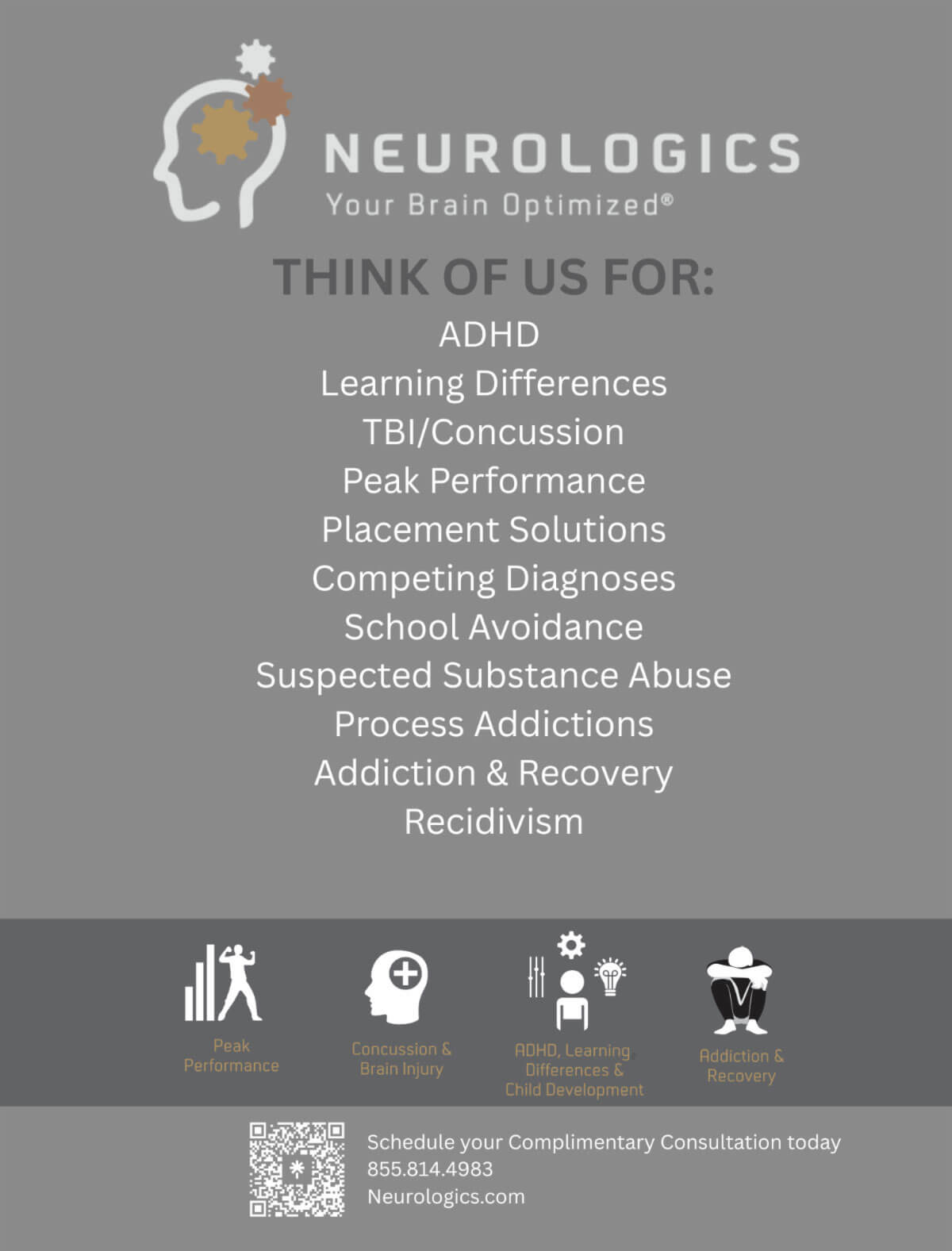 july_newsletter_2026_16 A gray promotional flyer for Neurologics lists the various cognitive and behavioral conditions they assist with, featuring accompanying icons for peak performance, brain injury, child development, and addiction recovery.