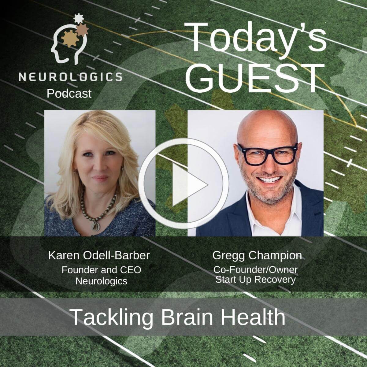 A Neurologics Podcast graphic titled "Tackling Brain Health" shows two guest portraits, a woman and a bald man with glasses, over a football field background.