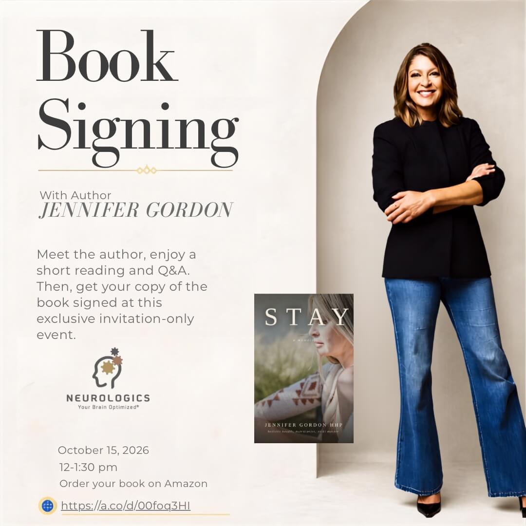 A book signing flyer with author Jennifer Gordon, her memoir "Stay," and the Neurologics logo, for October 15, 2026, 12 to 1:30 pm.